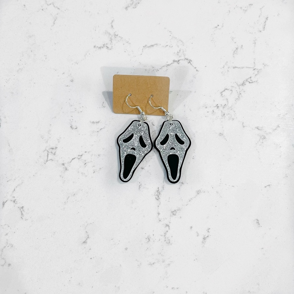 Ghost Face Silver Glitter Earrings 💕